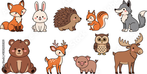 Cute forest animal character set with fox, rabbit, hedgehog, squirrel, wolf, bear, deer and owl for kids illustration and nursery design