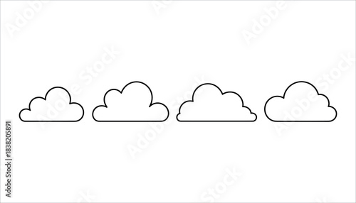 Four simple black outline cloud shapes on a white background clouds symbol