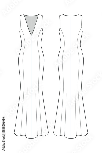 Fashion technical drawing of long godet  sleeveless dress with princess seams and a deep V-neckline and flared hemline, flat, 