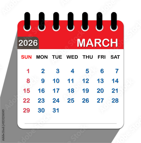 Fotografía Red calendar showing march 2026 with days of the week and dates