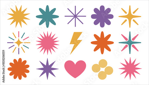 Collection of Retro Style Starbursts Flowers Lightning Bolt Heart and Circles in Muted Colors on White Background