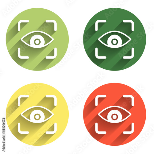 Set Eye scan icon isolated with long shadow background. Scanning eye. Security check symbol. Cyber eye sign. Color circle button. Vector