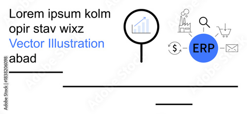 Business management, workflow optimization, financial analytics, enterprise planning, data analysis, software processes. Graph icon with ERP text and relevant symbols. Business management
