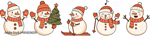 Cute snowman character set in winter activities with scarf, mittens, skiing and Christmas tree for holiday kids illustration