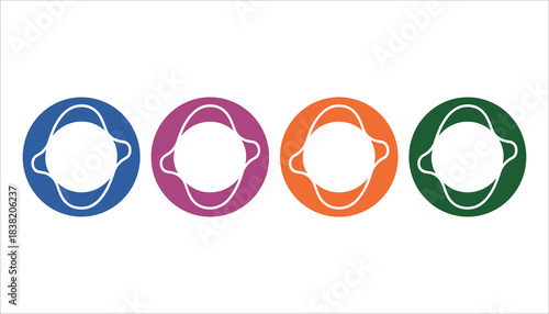 Four abstract circular shapes in blue purple orange and green with white outlines circle