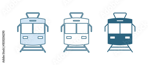 Blue Tram and railway icon isolated on white background. Public transportation symbol. Vector