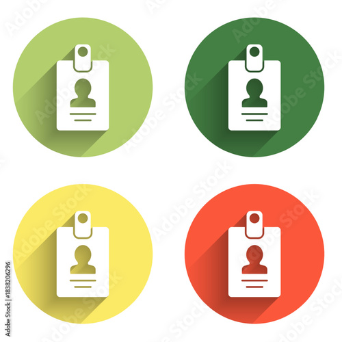Set Identification badge icon isolated with long shadow background. It can be used for presentation, identity of the company, advertising. Color circle button. Vector