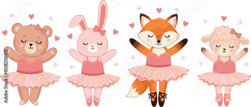 Cute ballerina animal characters set with bear, bunny, fox and lamb in ballet tutu for kids illustration