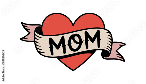 Red heart with a banner across it saying M O M in black lettering with pink ribbon accents mother love
