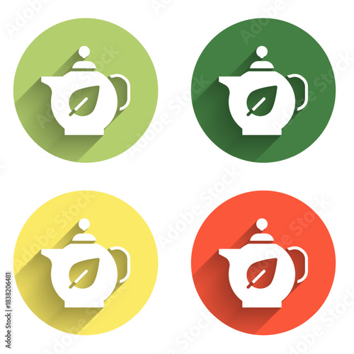 Set Teapot with leaf icon isolated with long shadow background. Color circle button. Vector