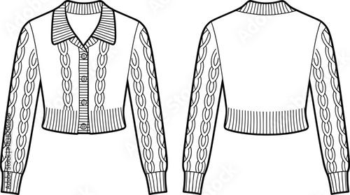 Fashion flat sketch of a cropped cable knit cardigan front and back views technical drawing illustration