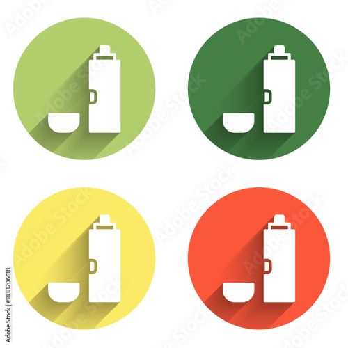 Set Thermos container icon isolated with long shadow background. Thermo flask icon. Camping and hiking equipment. Color circle button. Vector