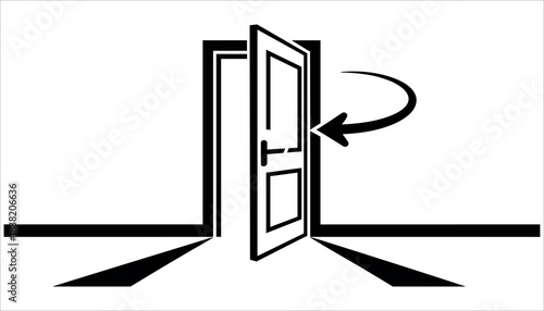 Black and white graphic of an open door with an arrow indicating direction of opening vector
