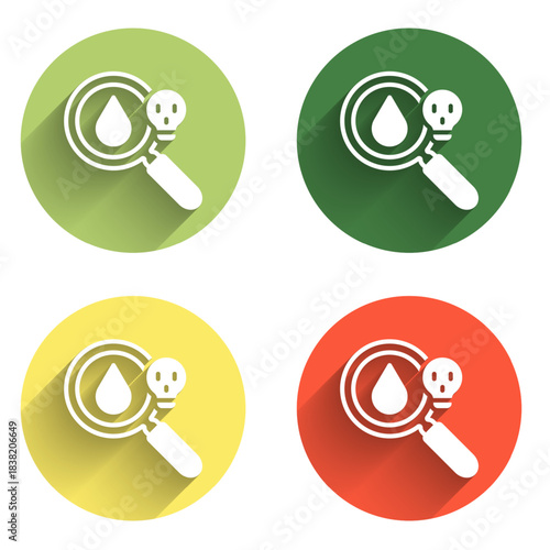 Set Poisonous research magnifying glass icon isolated with long shadow background. Color circle button. Vector