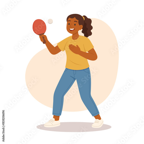 Woman playing table tennis with joyful energy creates dynamic sport vibe, promoting active lifestyle, coordination skills, healthy movement, and positive fitness motivation.