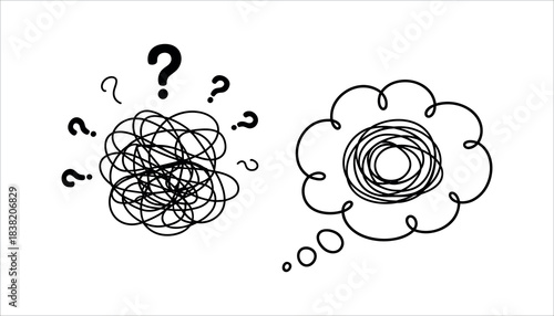 Black question marks and tangled scribbles on a white background representing confusion and thought bubbles