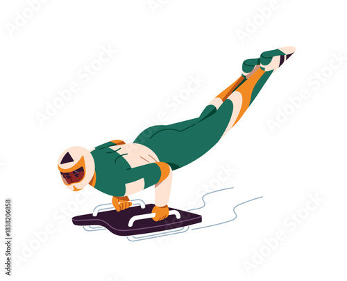 Athlete of skeleton rides a sled on ice track. Sportsman in helmet slides on sleigh in competition. Bobsleigh with single rider. Winter sport. Flat isolated vector illustration on white background.