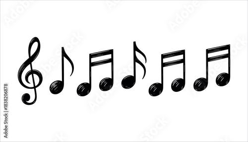 Black treble clef and musical notes with sketchy texture on white background g clef black and white