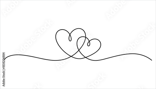 Two intertwined black heart shapes formed by a single continuous line on a white background love romance