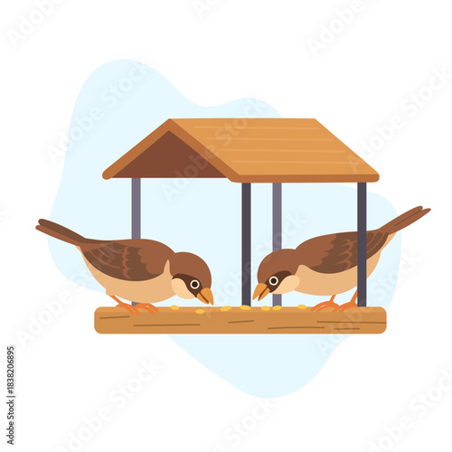 Vector drawing bird feeder and couple sparrow birds, wooden bird house isolated at white background, hand drawn vector illustration