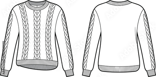 Fashion flat sketch of a long sleeve cable knit sweater front and back views technical drawing illustration