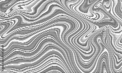 This abstract black and white pattern features wavy lines and gradients, creating a dynamic aesthetic. It blends contemporary style with