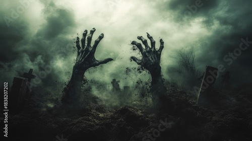 Eerie Graveyard Scene with Emerging Zombie Hands Surrounded by Misty Atmosphere and Dark Clouds Above Spooky Tombstones and Creepy Shadows
