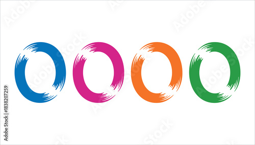 Four abstract circular brush stroke shapes in blue pink orange and green on white background circle