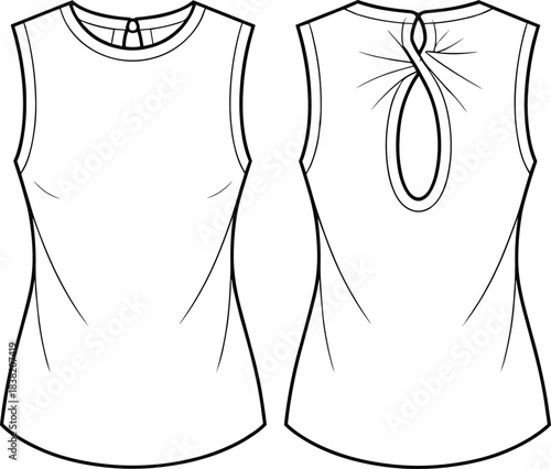 Fashion Flat Sketch of a Sleeveless Top with Back Keyhole Detail Keywords: fashion, sketch, flat, drawing, template, apparel