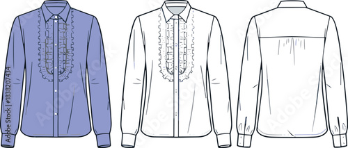 Fashion flat sketch of a long sleeve ruffled button up shirt front and back views technical drawing illustration