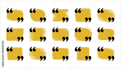 Collection of fifteen yellow quote boxes with black quotation marks and textured brush stroke backgrounds