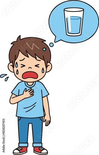 Crying thirsty boy thinking about drinking water, showing dehydration, heat exhaustion, summer thirst, health awareness, and child hydration concept illustration.