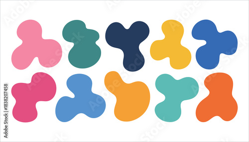 Ten abstract organic blob shapes in pink teal navy yellow blue and orange on white background form