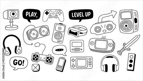 Black and white doodle art of gaming equipment and speech bubbles with text video game controller