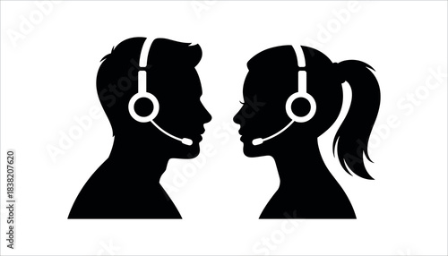 Black silhouette profile of a man and woman wearing headsets facing each other on white background vector