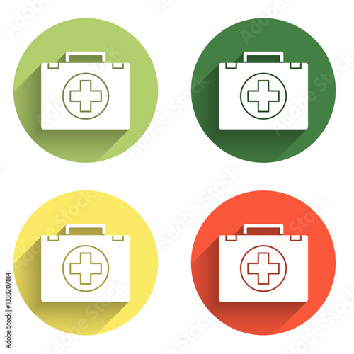 Set First aid kit icon isolated with long shadow background. Medical box with cross. Medical equipment for emergency. Healthcare concept. Color circle button. Vector