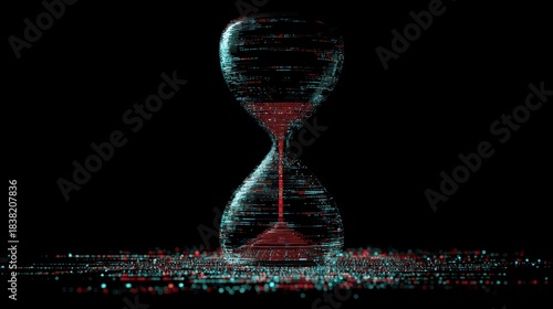 Digital hourglass with vibrant particles representing time's passage in a futuristic and abstract 3D design on a dark background.