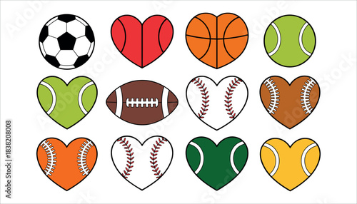 Collection of sports balls in heart shapes and a soccer ball on white background football basketball
