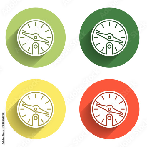 Set Compass icon isolated with long shadow background. Windrose navigation symbol. Wind rose sign. Color circle button. Vector
