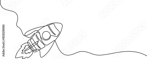 Rocket launch icon in one continuous line minimalist style isolated on white background, One continuous line drawing of rocket take off rocket space ship launch line art vector, One continuous line