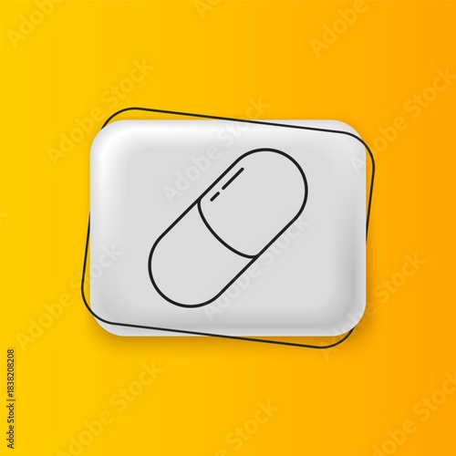 Black Medicine pill or tablet icon isolated on yellow background. Capsule pill and drug sign. Pharmacy design. Silver rectangle button. Vector