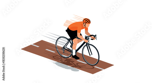 Isometric cyclist in motion on road with shadow and speed effect