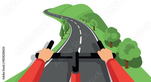 Cycling adventure on scenic road with lush green hills