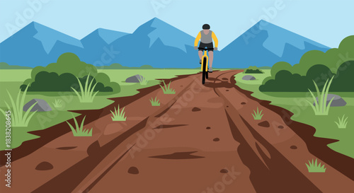 Mountain adventure: cyclist on scenic trail in vibrant landscape with majestic mountains