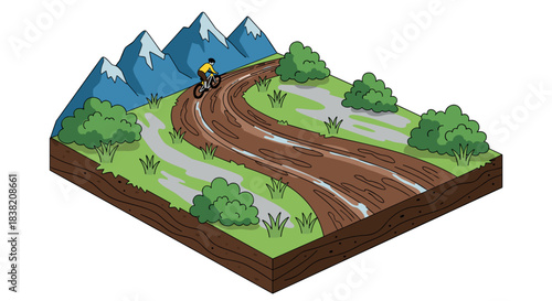 Isometric mountain biking trail adventure with rugged terrain and scenic views