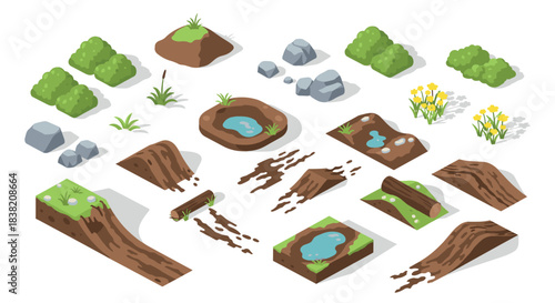 Isometric nature elements set with grass, stones, and flowers