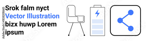 Office setup, energy use, technology sharing, modern workspace, power management, productivity tools. Minimalist office chair, battery icon and share symbol. Office setup and energy use concept