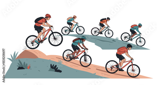 Dynamic cycling adventure on mountain trail with group of bikers in motion