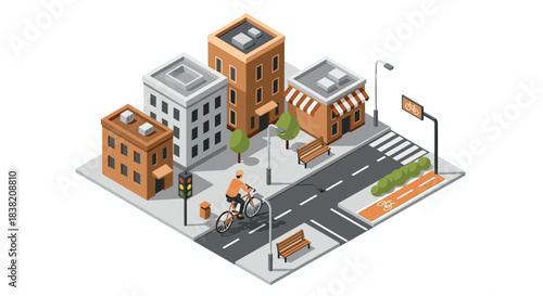 Isometric urban street with cyclist and buildings in modern cityscape