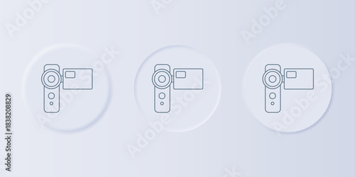 Grey Cinema camera icon isolated on grey background. Video camera. Movie sign. Film projector. Set icons in square buttons. Vector